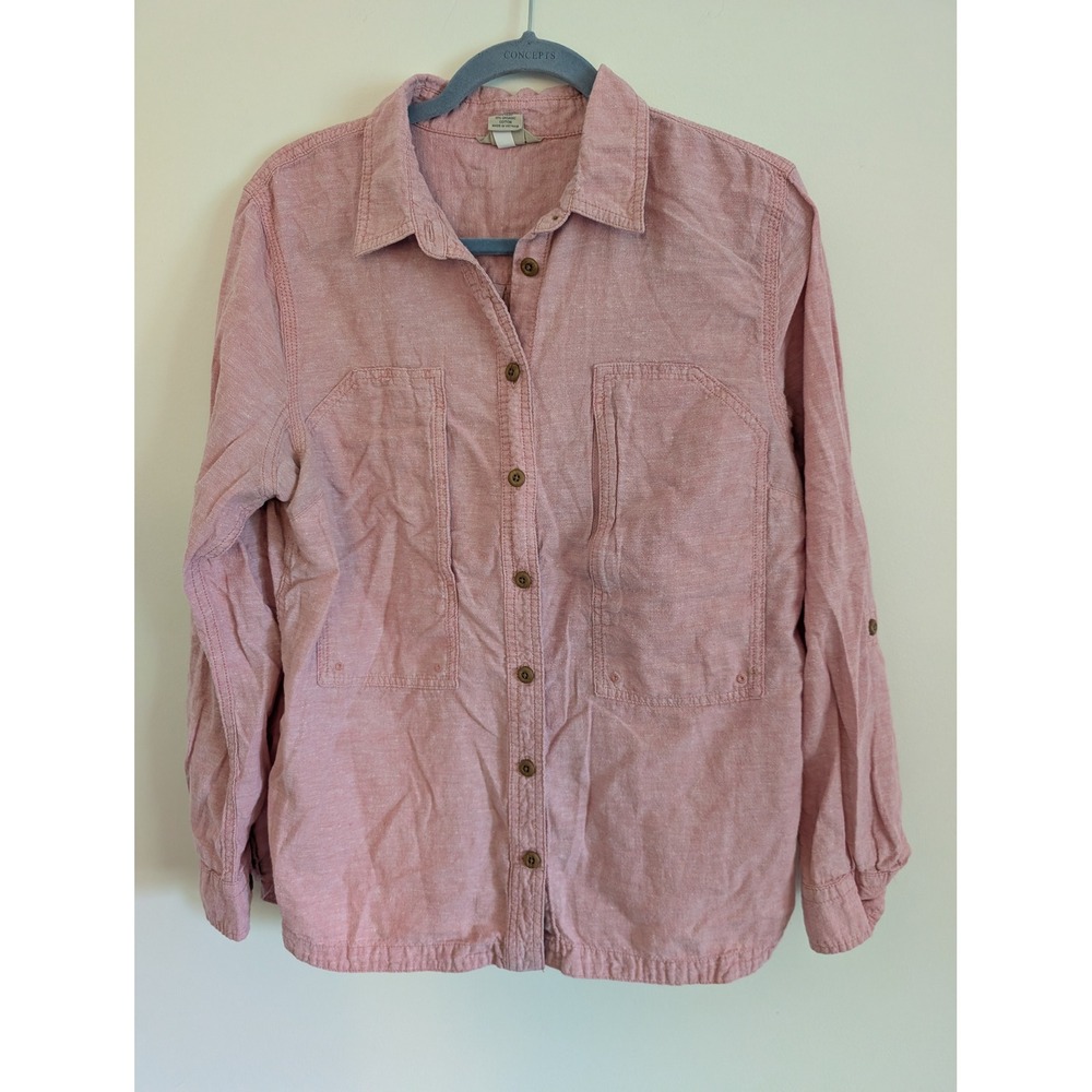 Duluth Trading Co Hemp Organic Cotton Pink Roll Tab Utility Shirt Womens Large